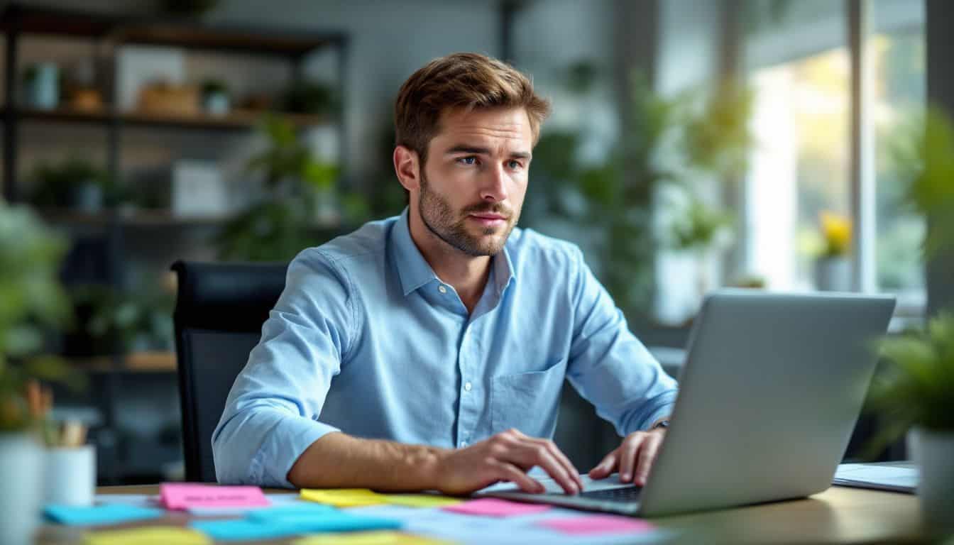 A mid-30s male business owner working at a modern office desk.