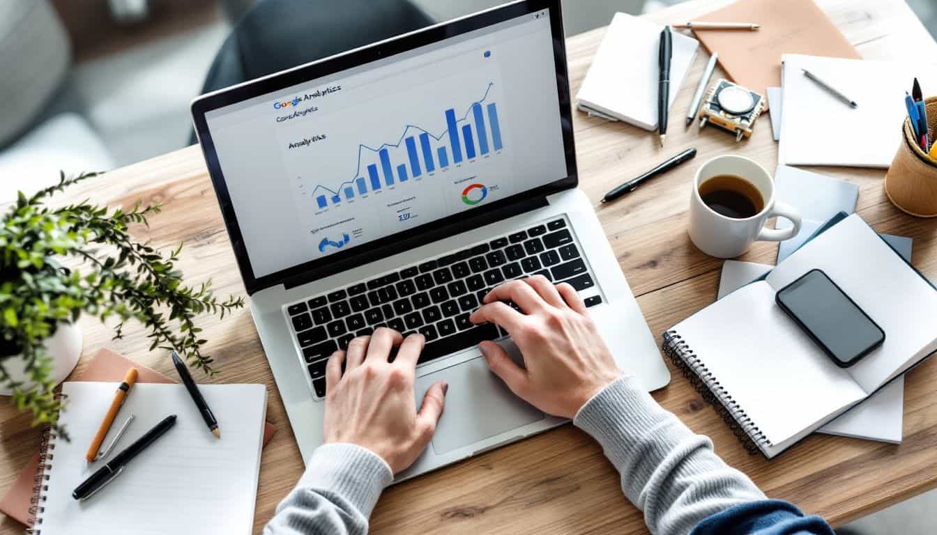 A cluttered desk with open laptop showing Google Analytics charts.