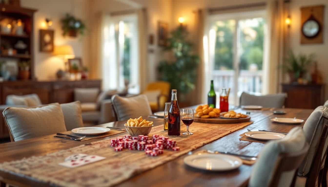 A bright living room with a poker table and snacks.