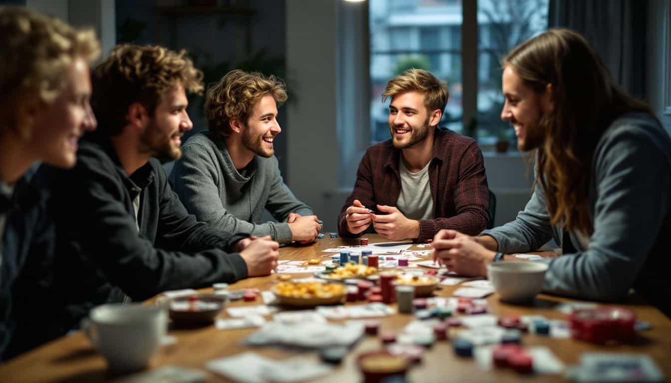 A group of friends planning a poker night, surrounded by game supplies.