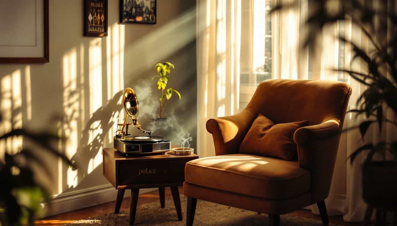 A cozy room with a plush armchair and vintage record player.