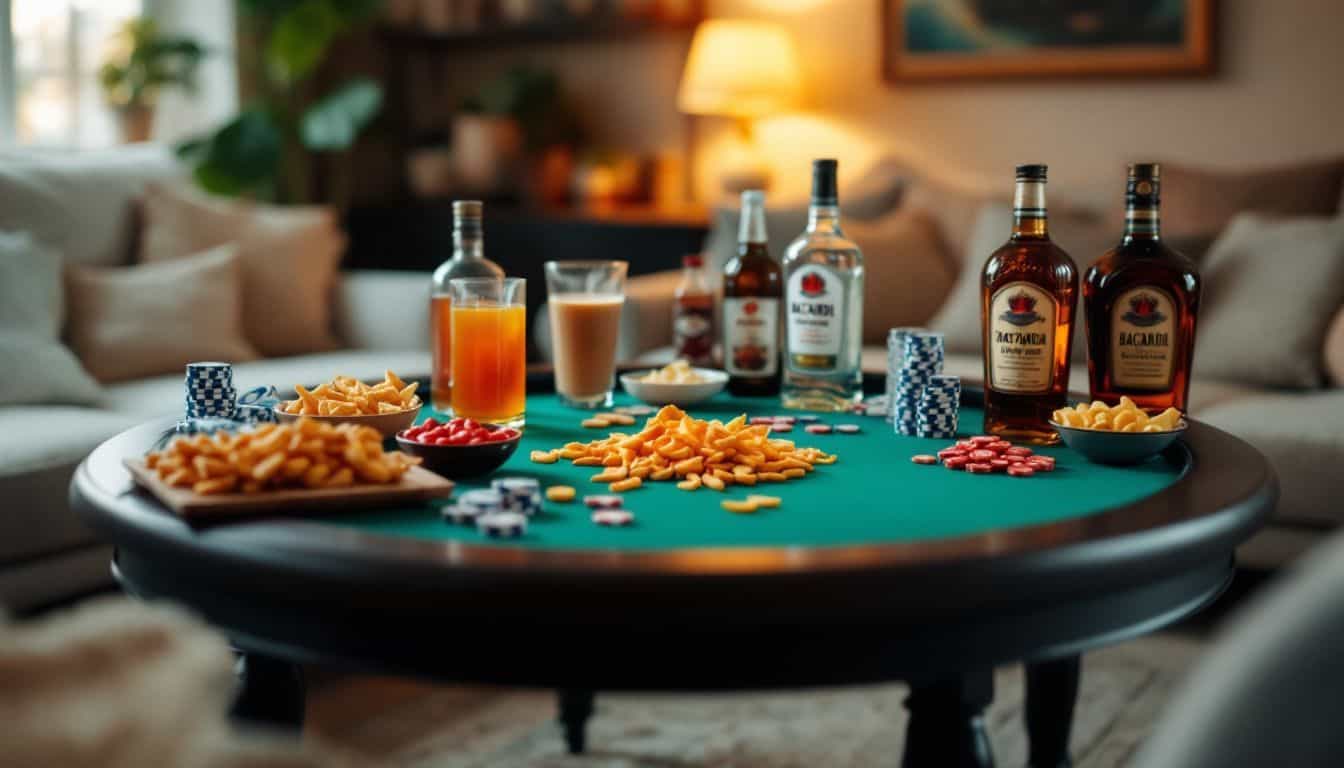 A cozy living room with a poker table and snacks.