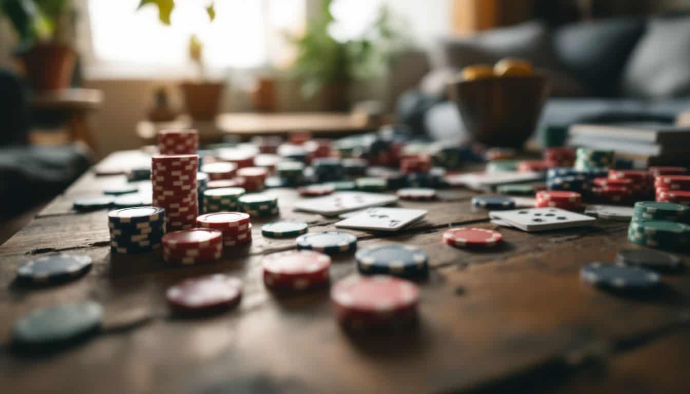 A cluttered wooden table with poker chips and playing cards.