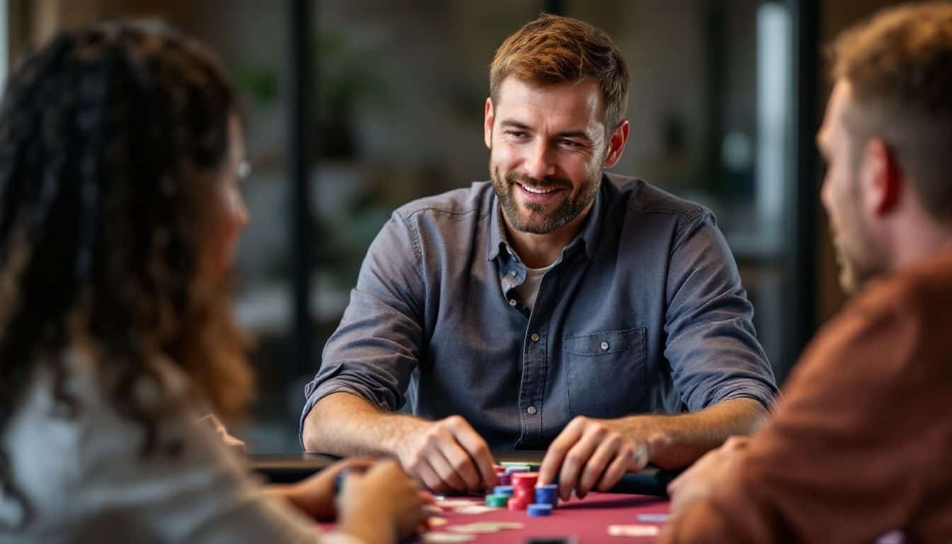 A poker host is managing cash transactions with players at a table.