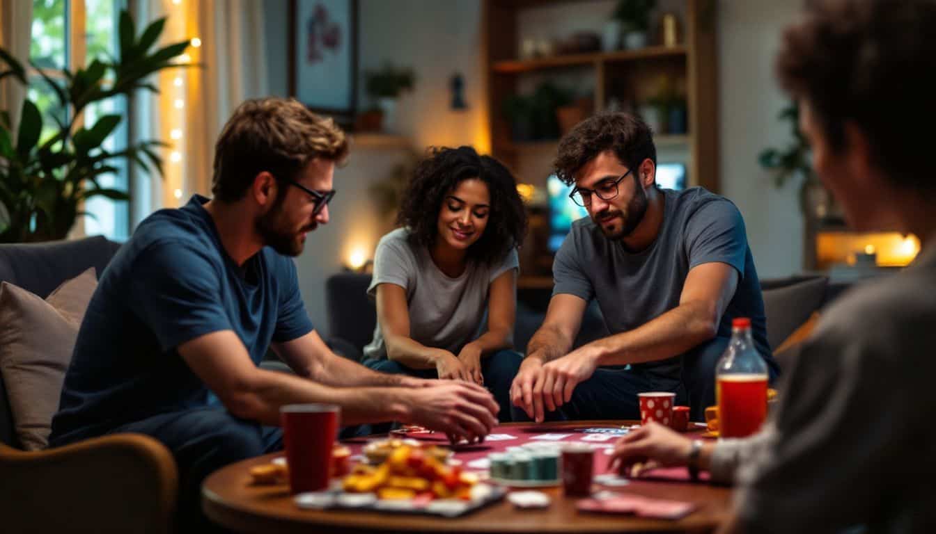 A group of friends in their mid-30s preparing for a poker game.