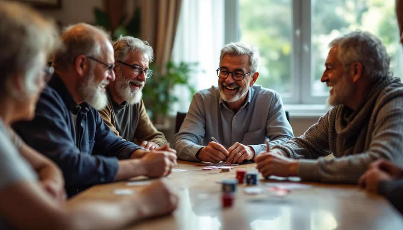 A group of middle-aged friends gathered around a table for poker.