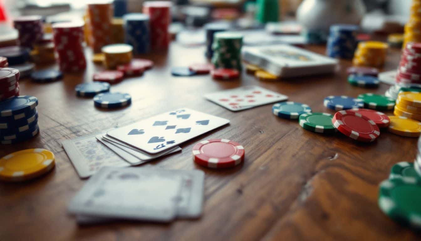 A cluttered wooden table with poker chips and playing cards.