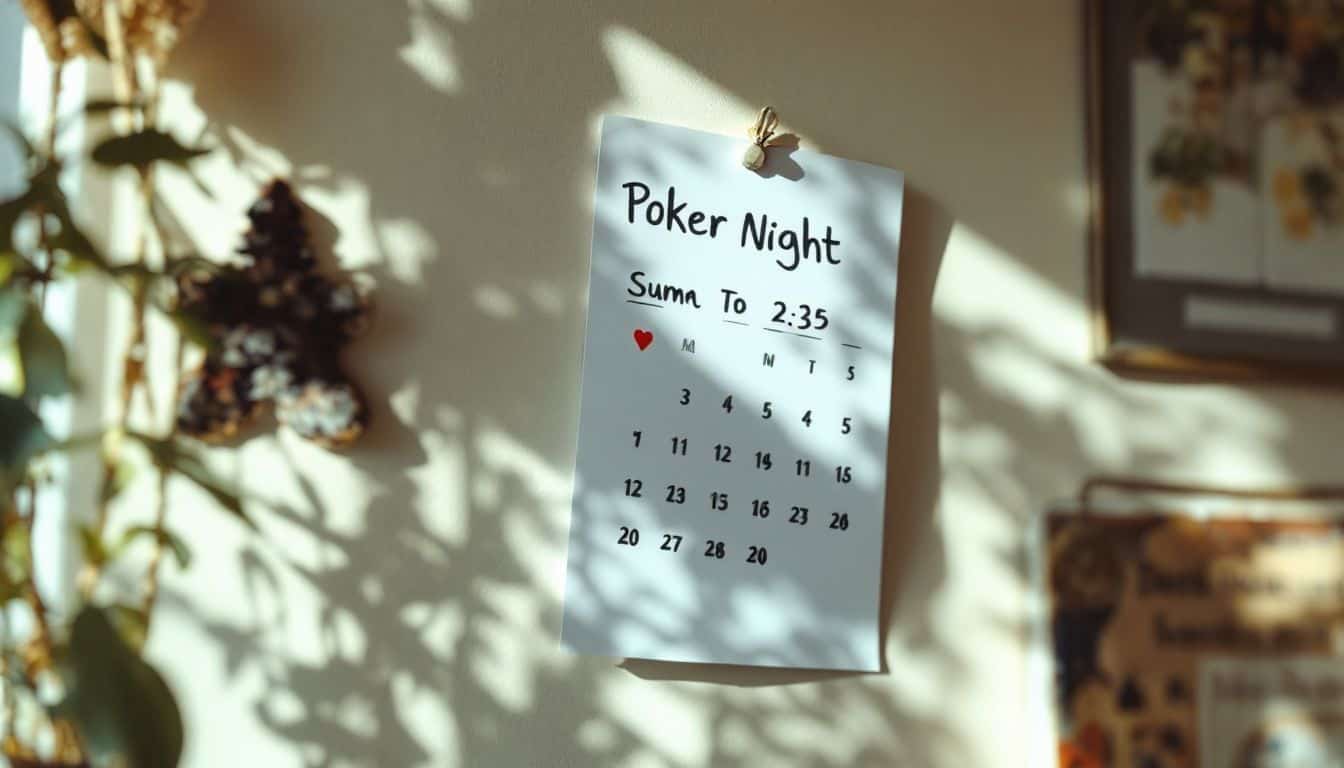 A calendar on a wall with highlighted poker night date.