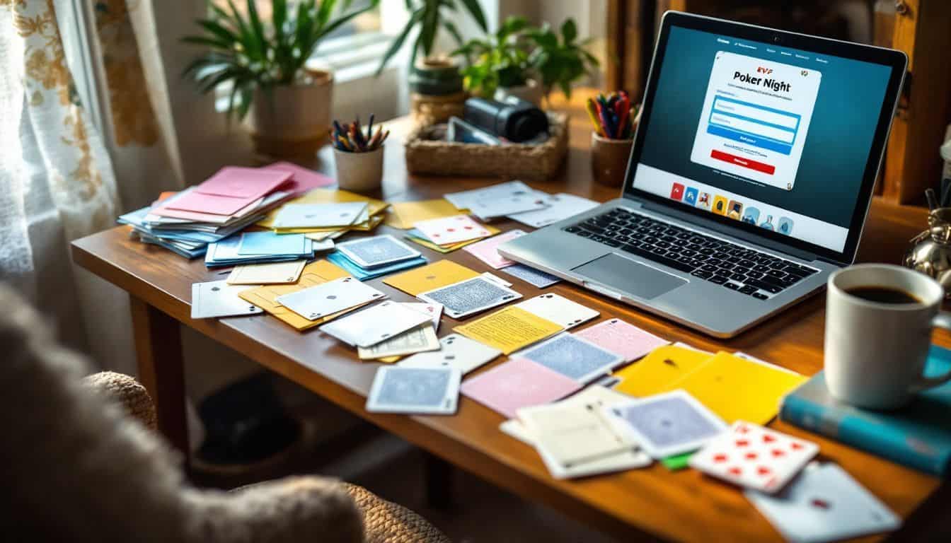 A cluttered desk with poker night invitations and RSVP tool.