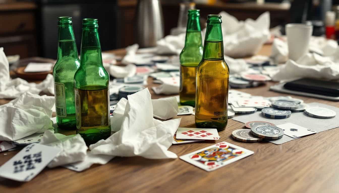 A cluttered kitchen counter after a late-night poker party.