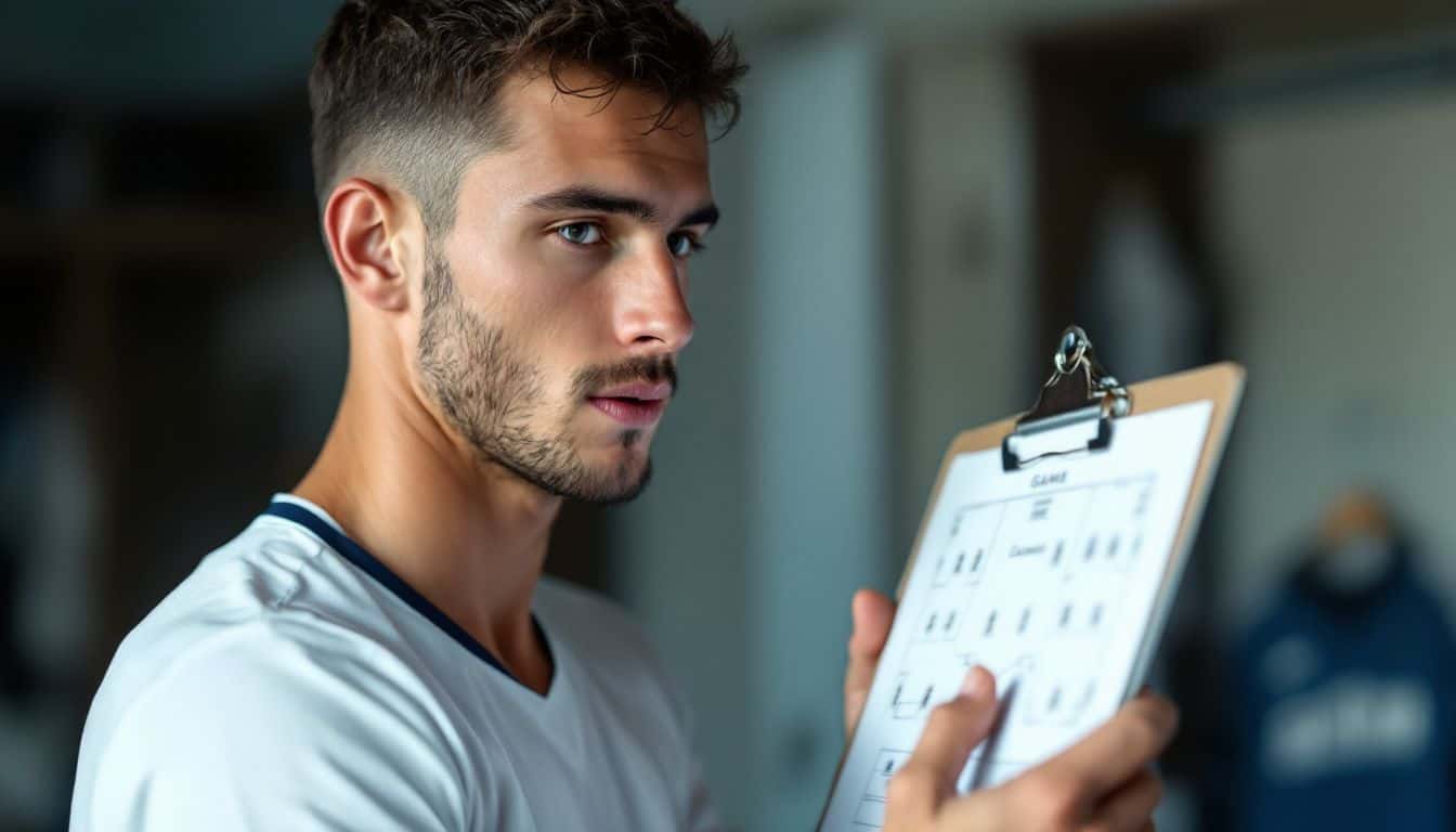 A focused soccer player studies game plan before a match in locker room.