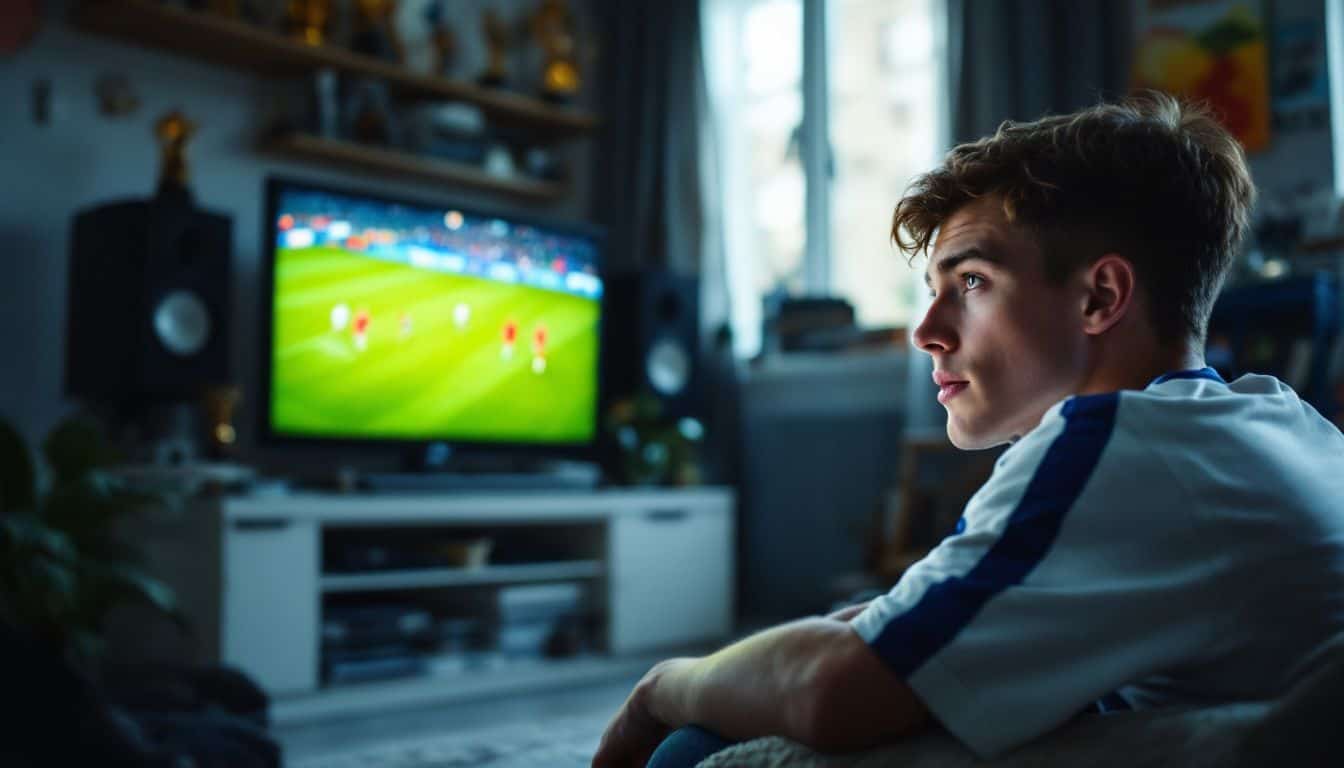 A teenage boy is engrossed in watching a professional soccer match in his cluttered bedroom.