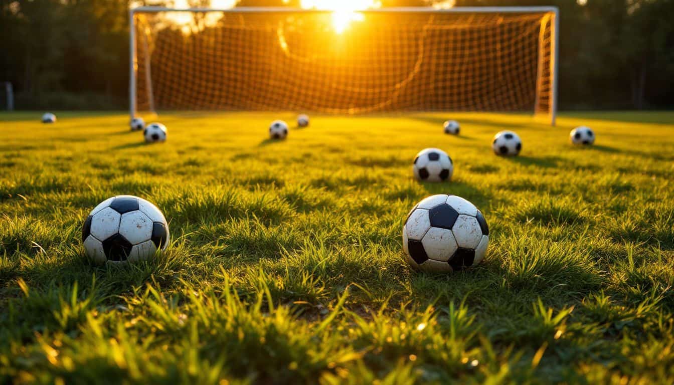 A well-loved local soccer field with worn balls and old goalposts.