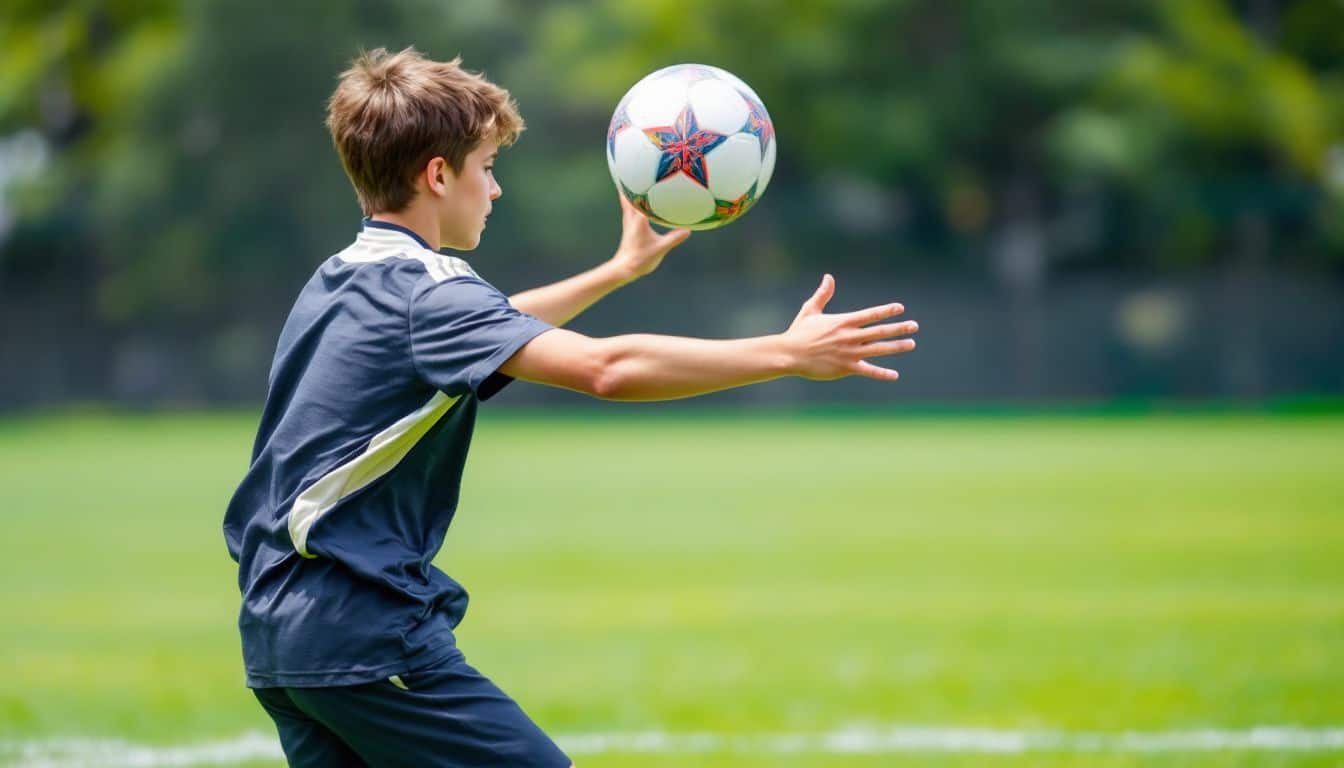 A young soccer player practices shooting skills on a grassy field.