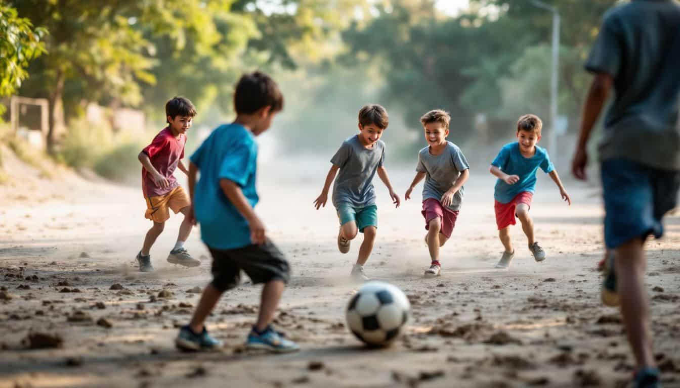 A group of kids playing soccer on a dusty field with joy.