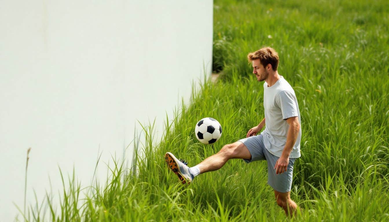 A soccer player kicking a ball against a white wall on a grassy field.