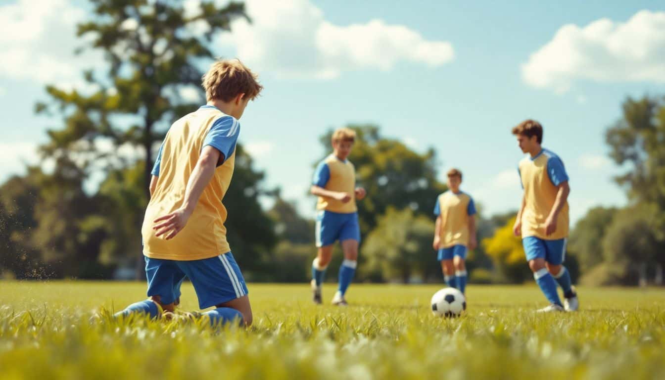 A group of teenage soccer players playing a game on a grassy field.