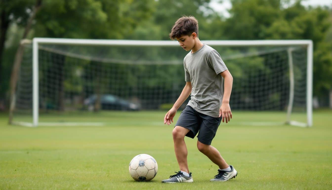 A teenage soccer player practices dribbling skills on a worn field.