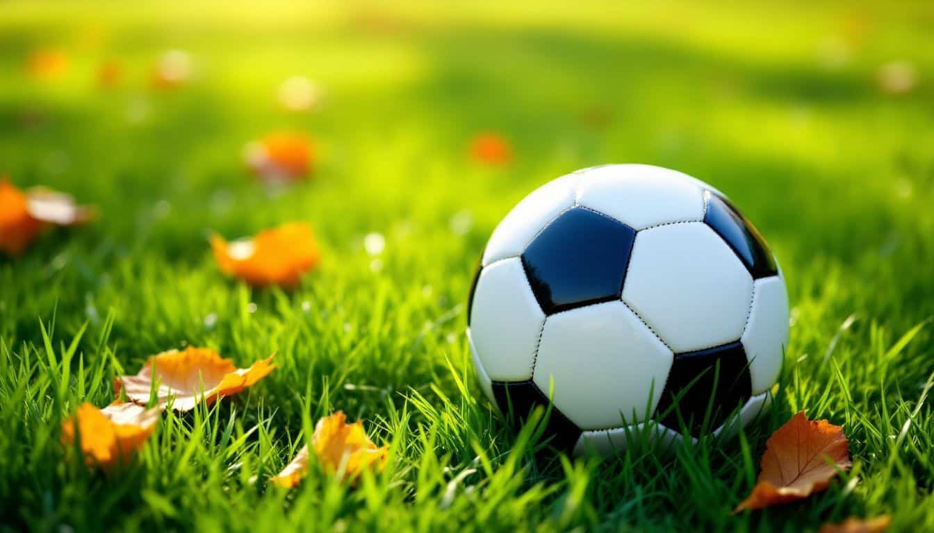 A soccer ball rests on green grass with fallen leaves.