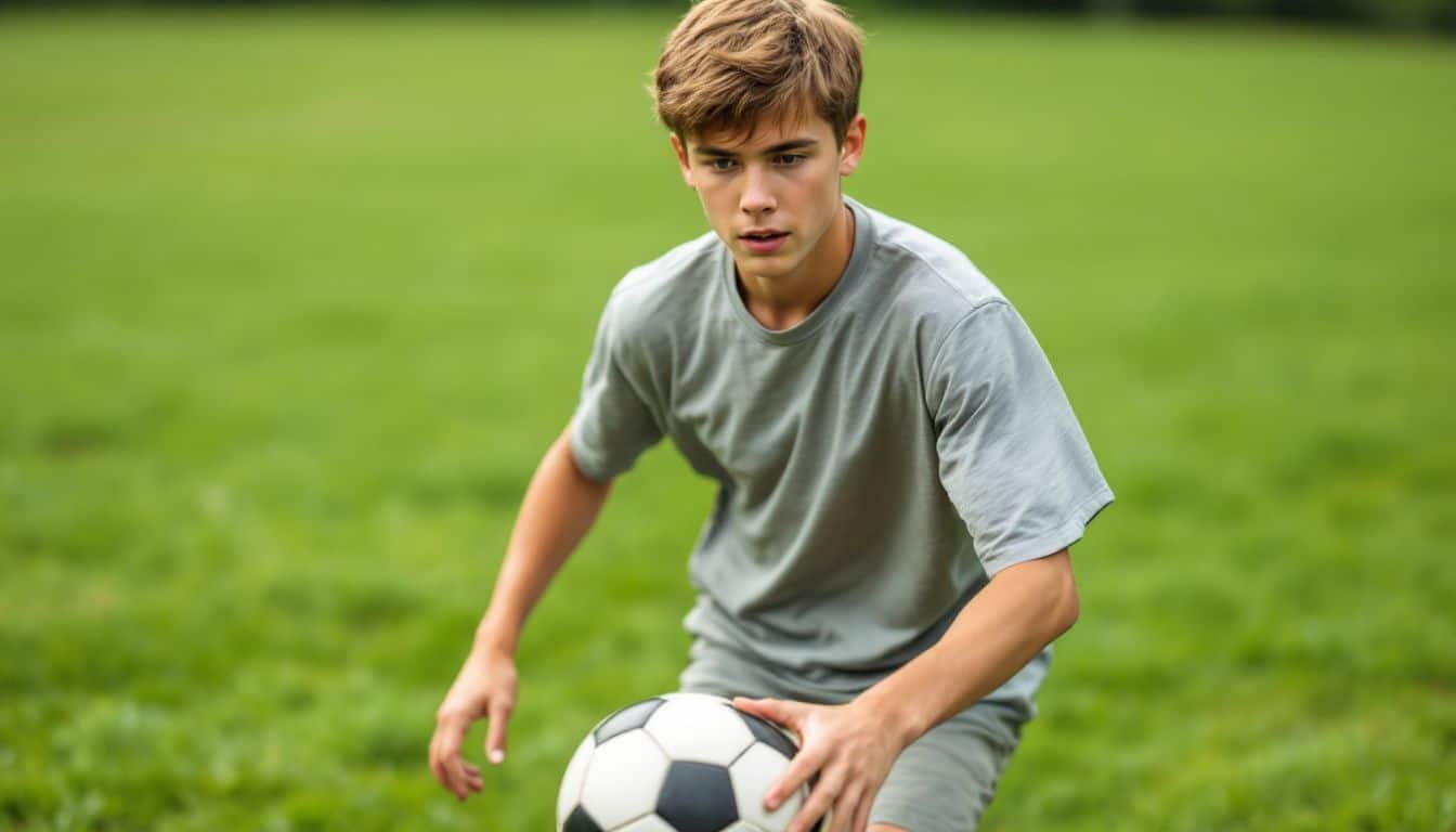 A teenage boy practices soccer dribbling drills on a grassy field.