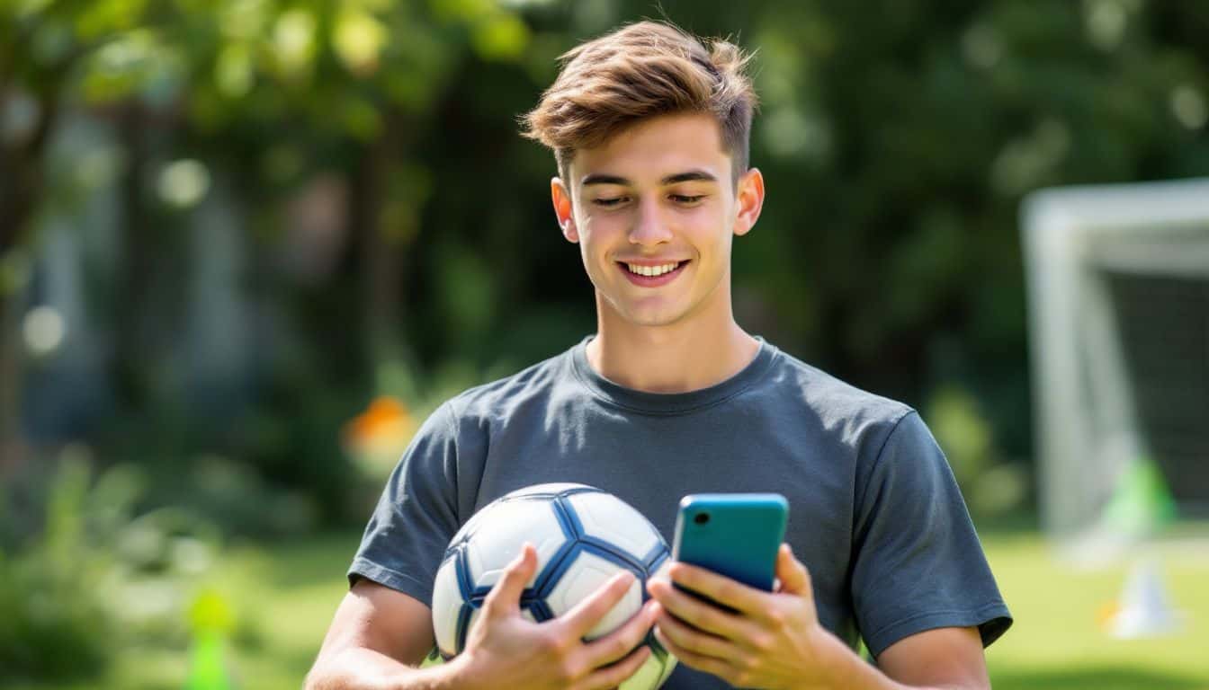 A teenage boy in a backyard using augmented reality soccer training.