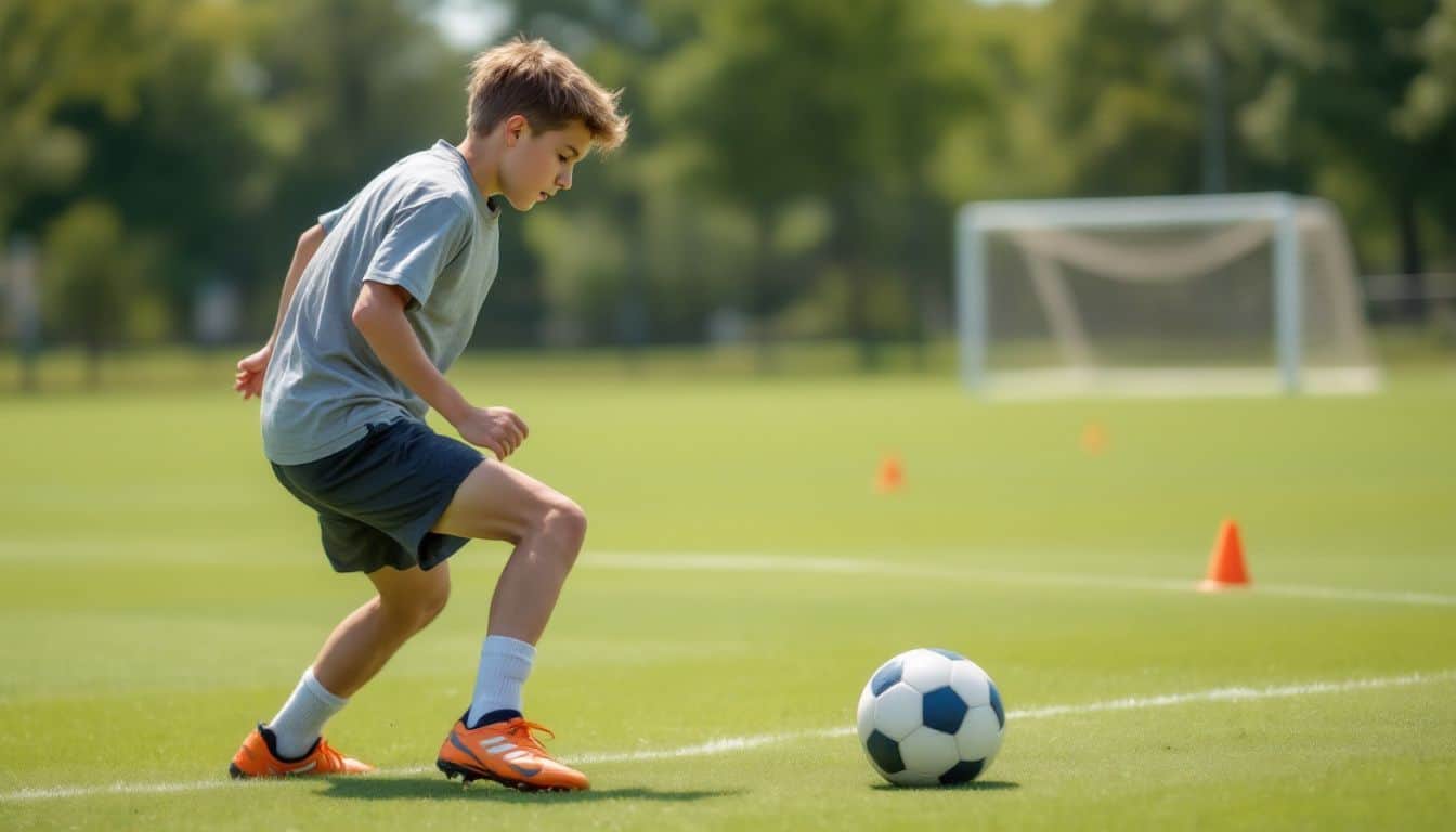 A teenage boy practices soccer dribbling skills on a field.