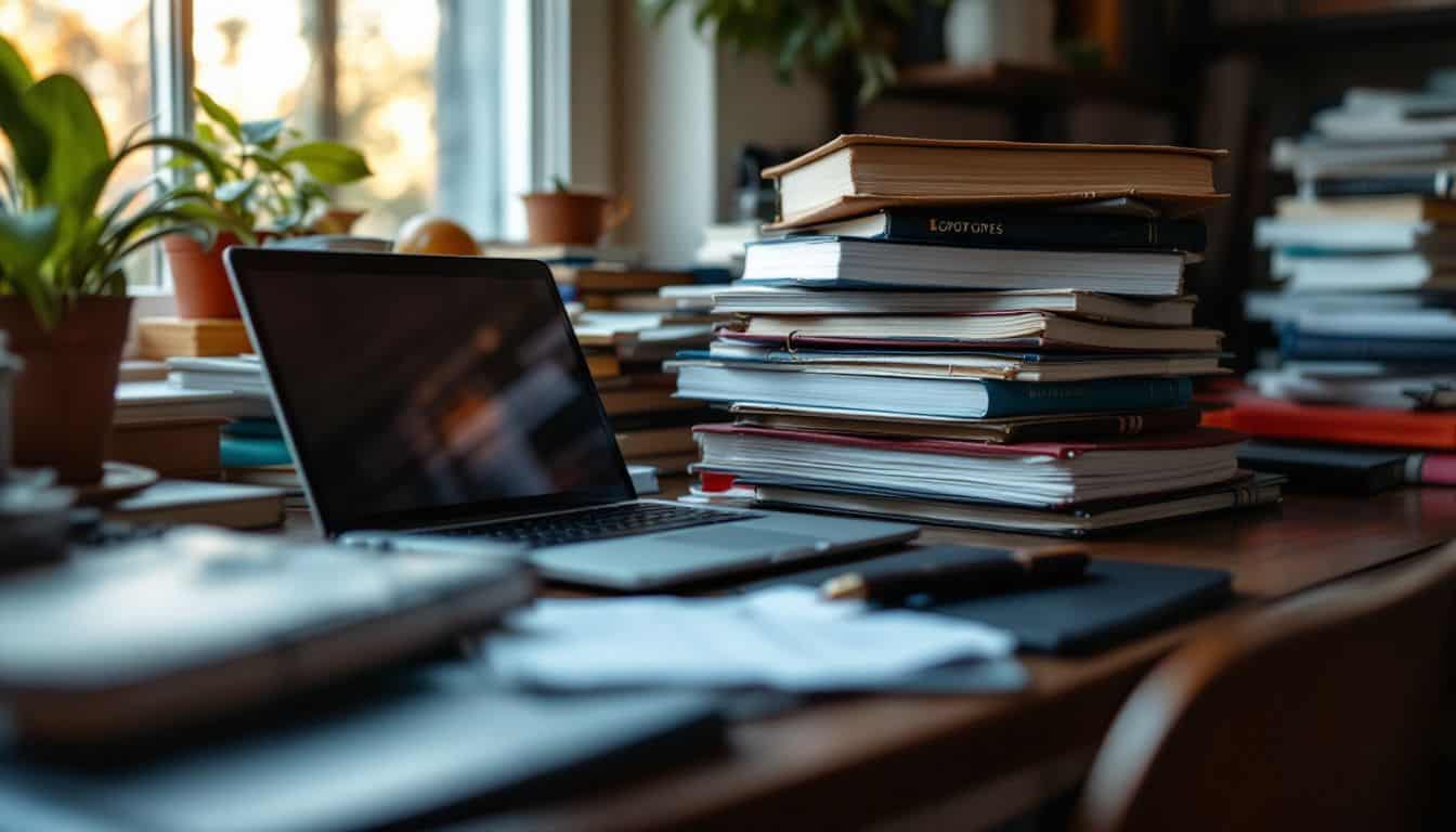 A cluttered home office with stacks of books and a laptop.