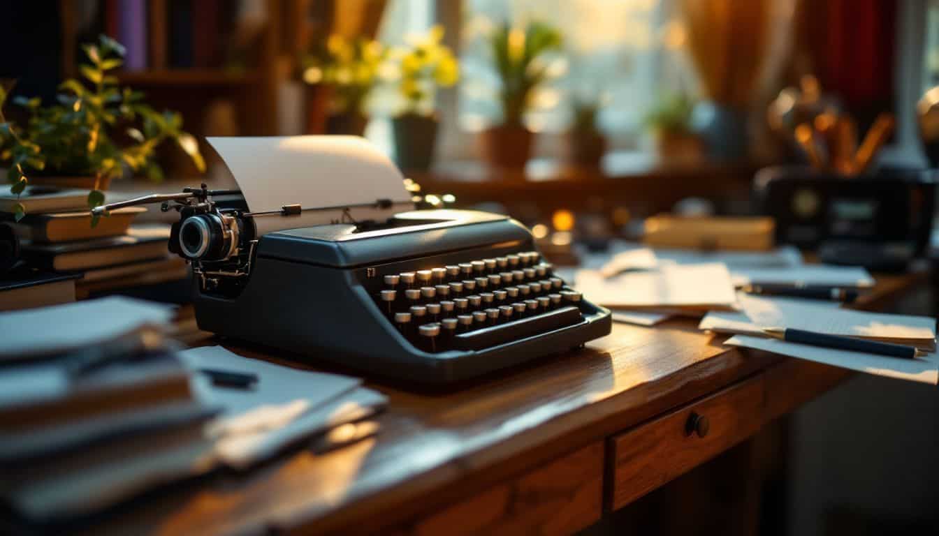 A vintage typewriter on a cluttered desk in a cozy home office.