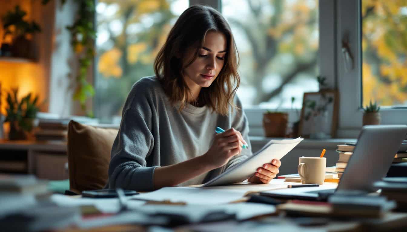 A woman sitting at a cluttered desk, reading a writing guide.