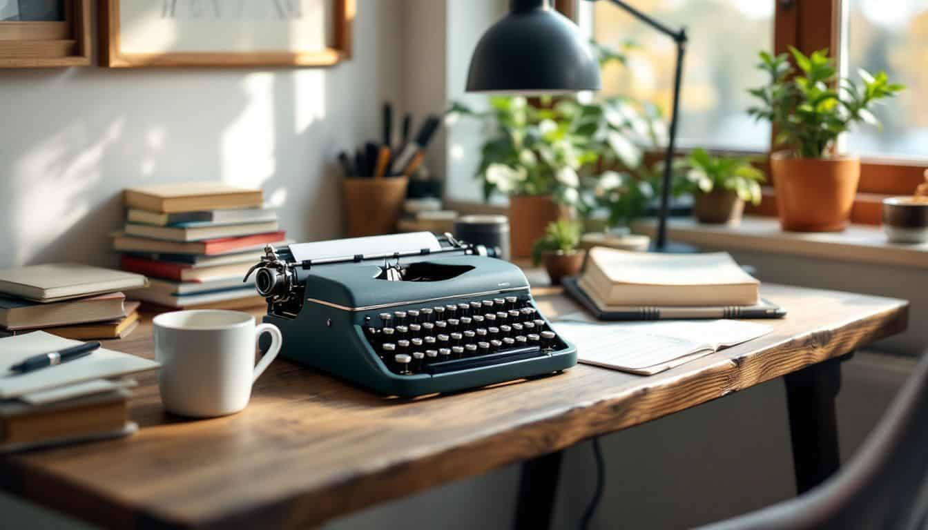 A cozy home office with a cluttered wooden desk and vintage typewriter.