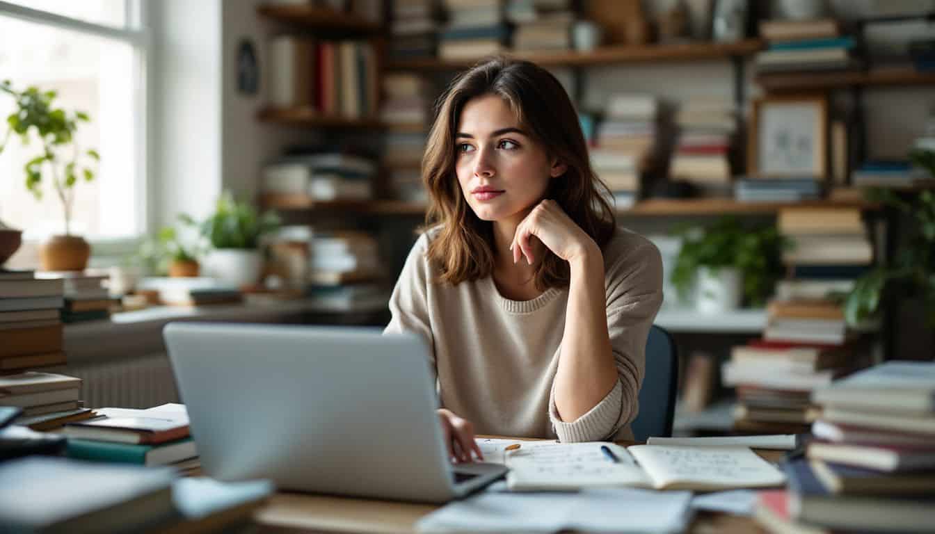 A young woman sits at a cluttered desk, focused on writing.