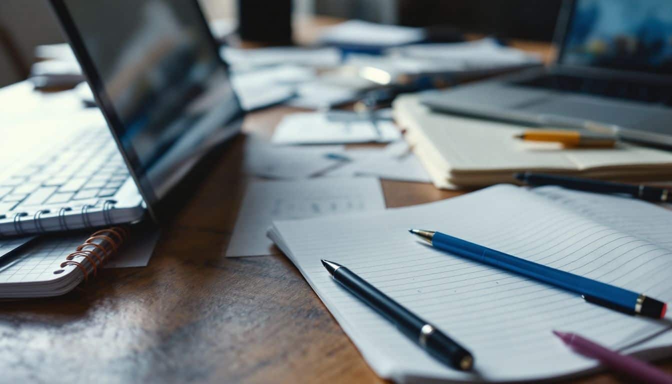 A cluttered writing desk with scattered notebooks and laptop.