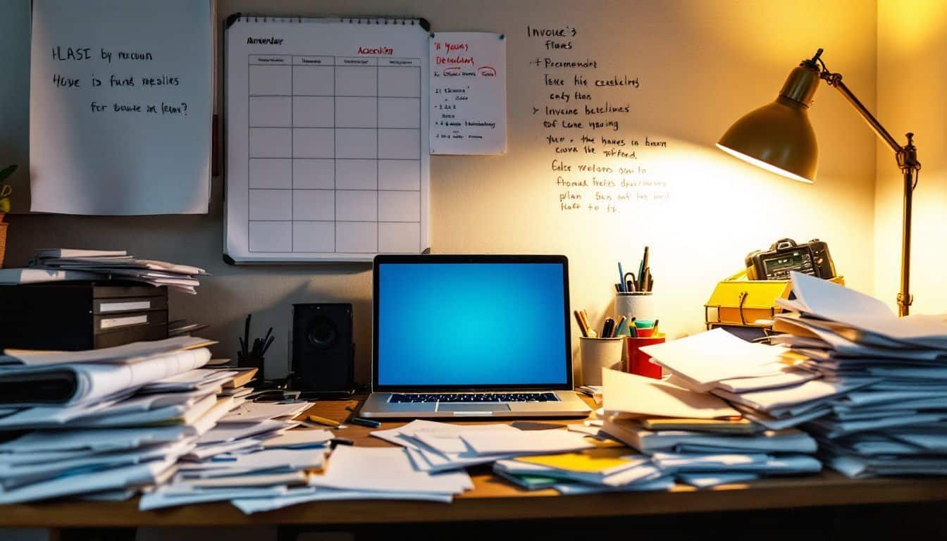 A cluttered home office shows a busy and organized working environment.