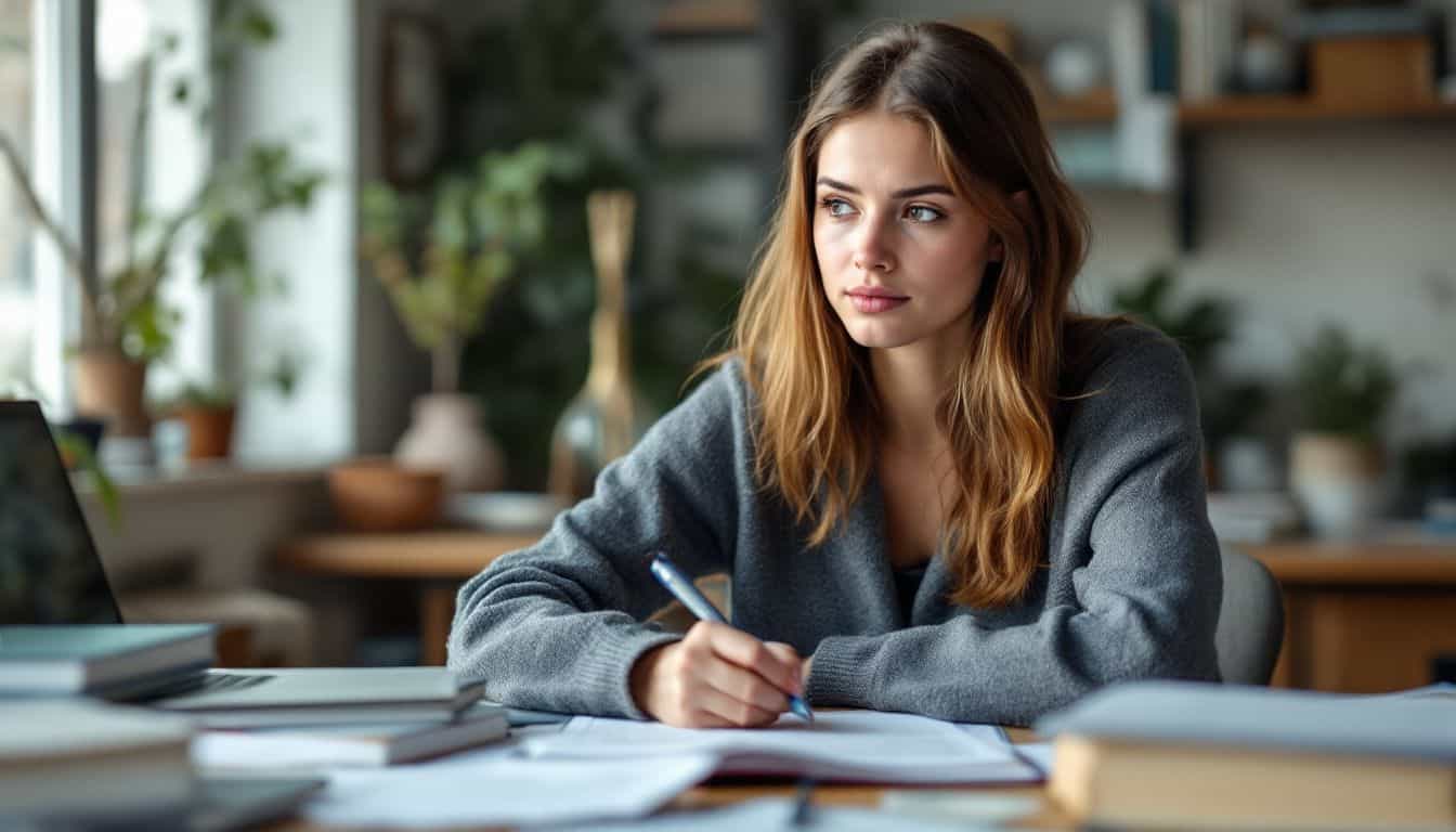 A young woman sits at a cluttered desk, contemplating various writing styles.