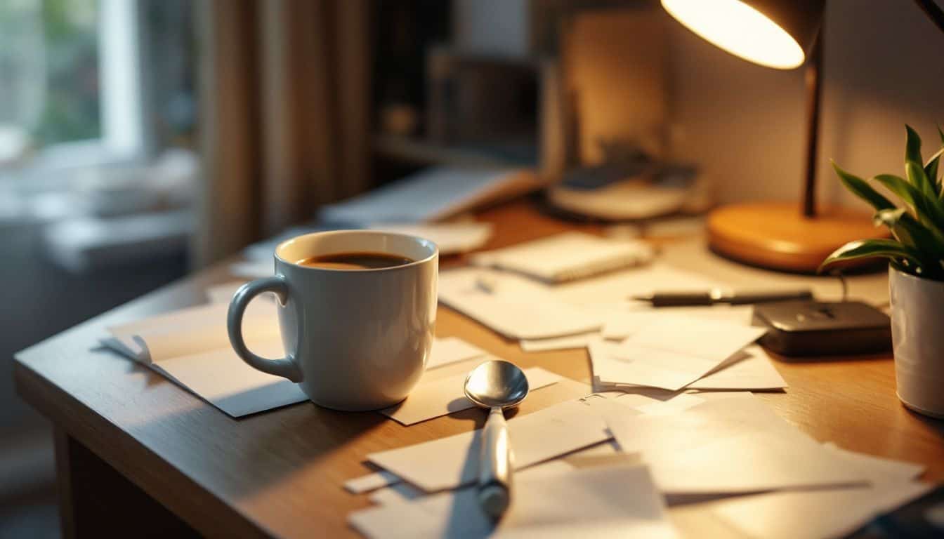 A cluttered home office desk with a half-empty coffee mug.