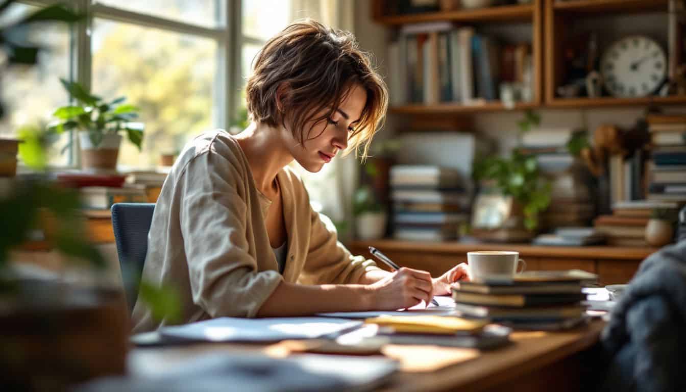 A focused writer is typing at a cluttered desk in a cozy home office.