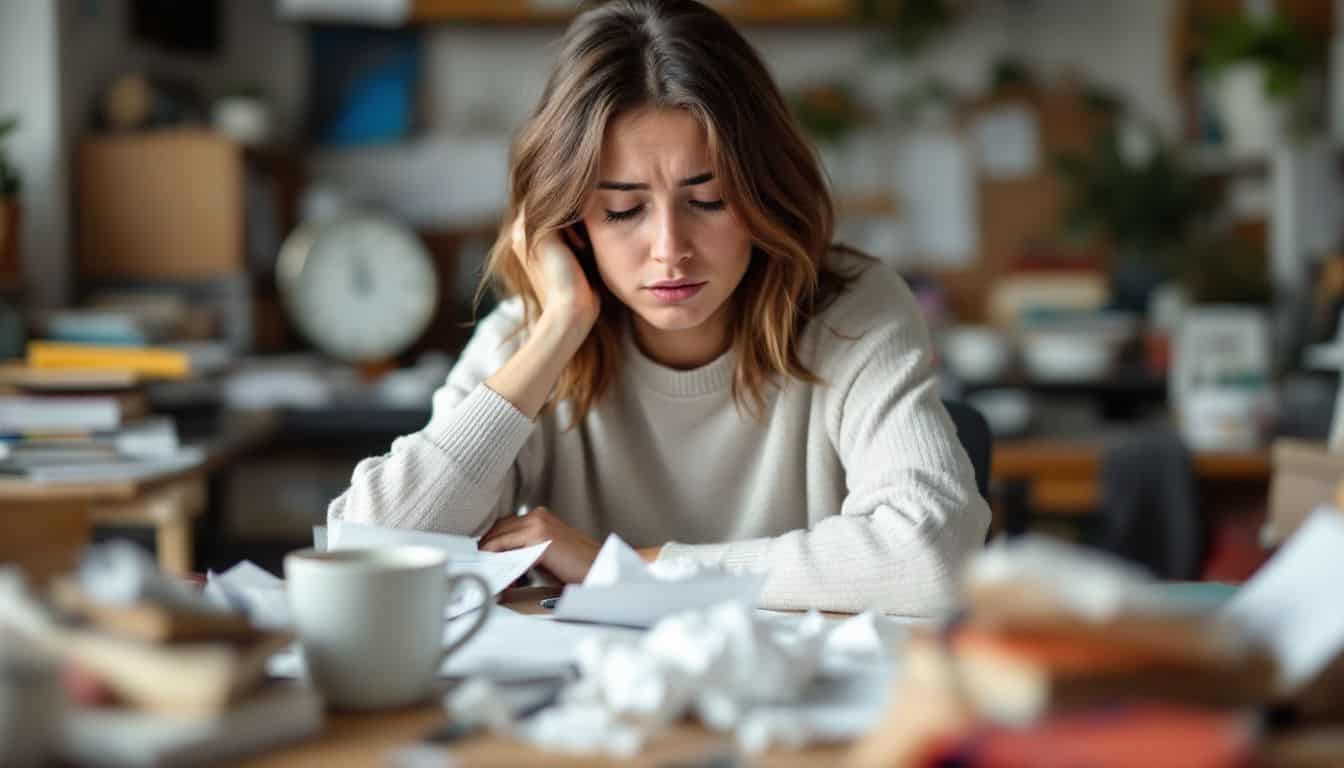 A frustrated woman with writer's block sits at a cluttered desk.