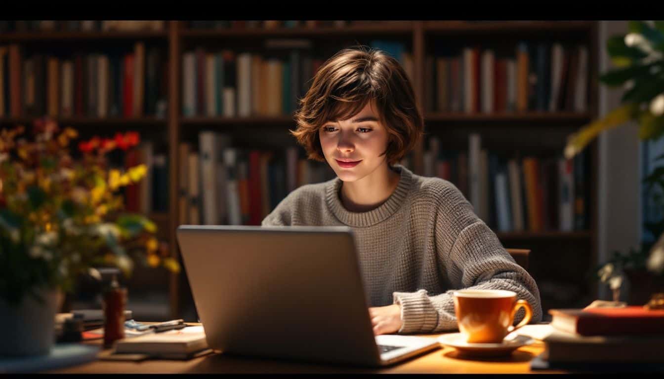 A young writer working in a cozy home office with books.