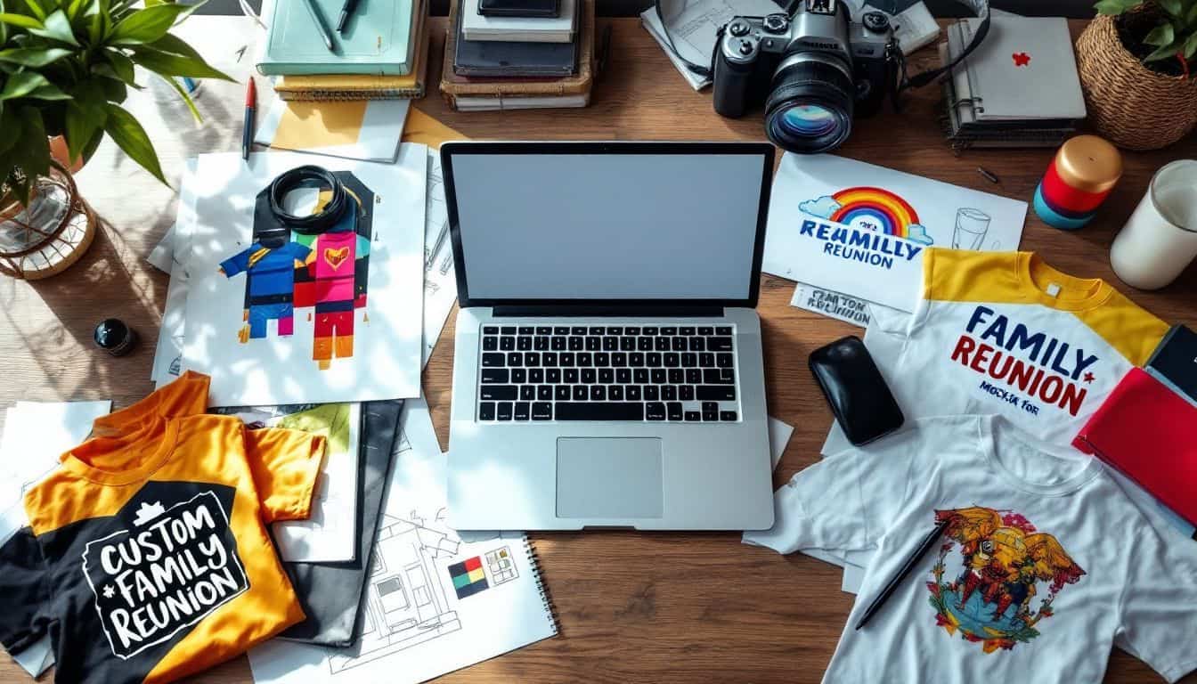 A cluttered desk showcasing a creative workspace with laptop and design sketches.