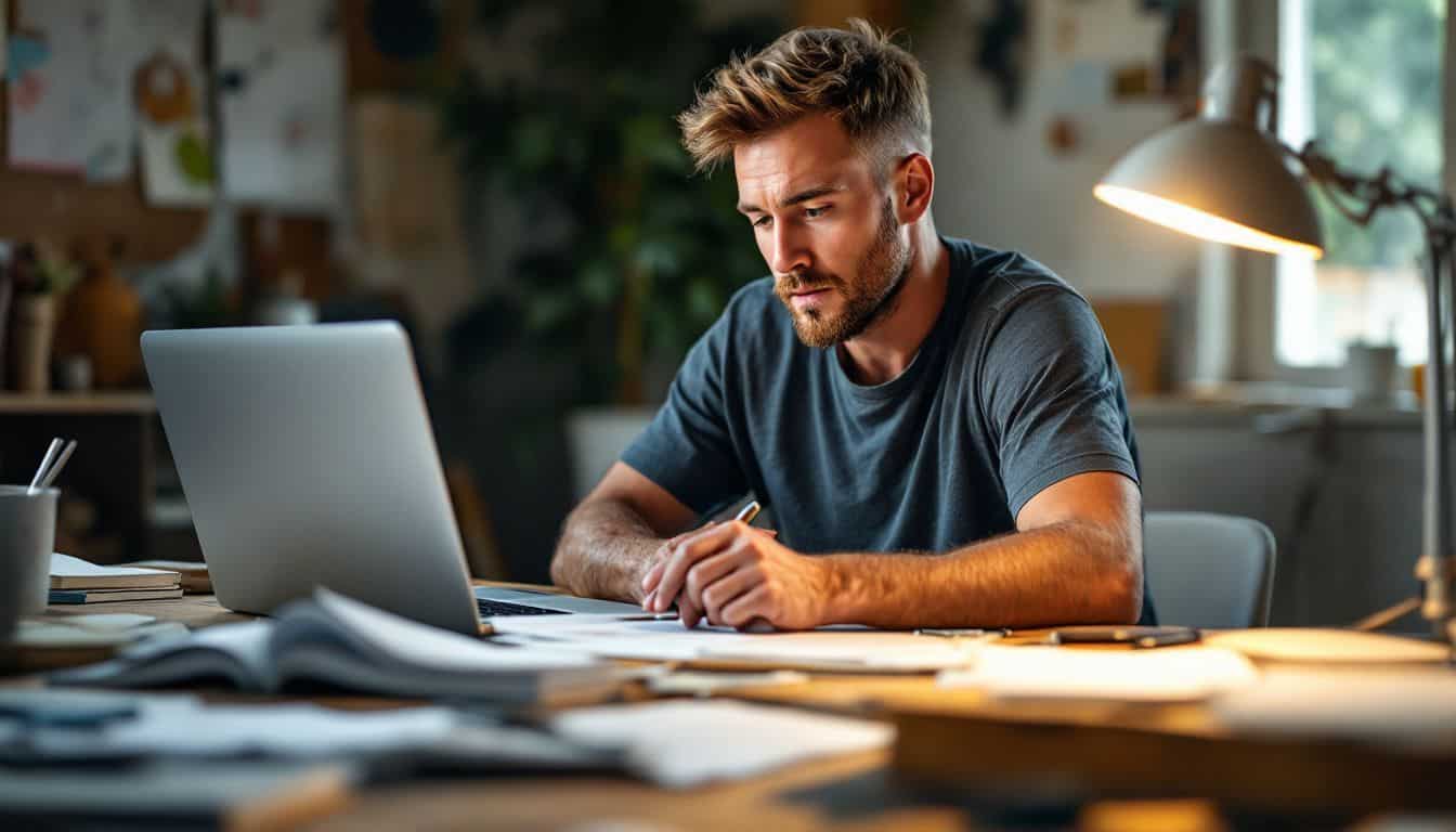 A man in his mid-30s designs t-shirts at a cluttered desk.