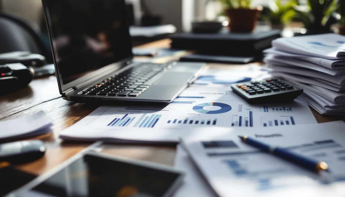 A cluttered office desk with a laptop, calculator, and business documents.