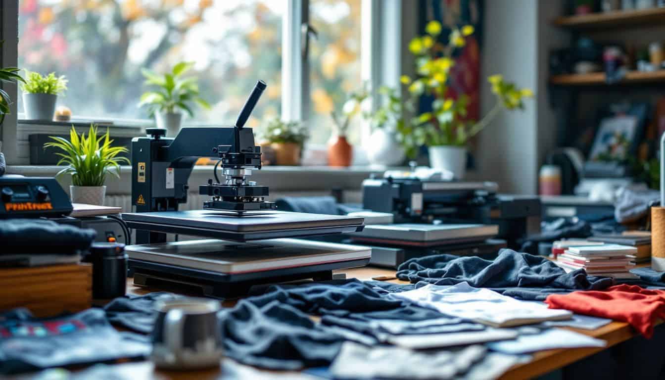 A cluttered home office with t-shirt heat press and DTG printer.