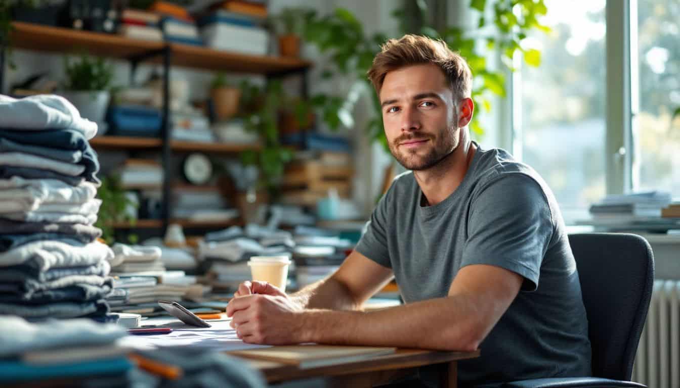 An entrepreneur is brainstorming new product ideas at a cluttered home office desk.