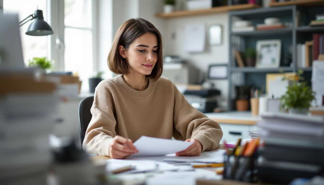 A young woman manages online orders and paperwork in home office.