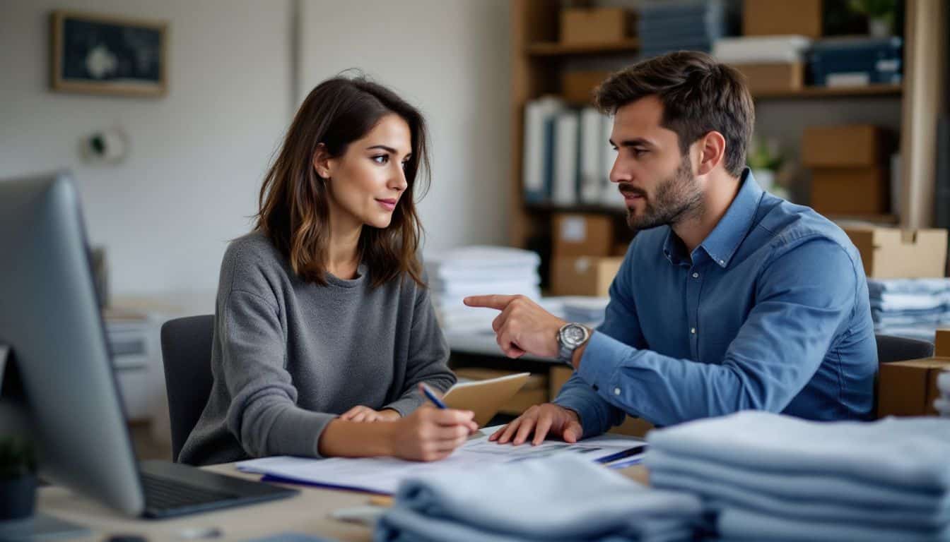 A couple in their 30s reviewing spreadsheets and discussing pricing strategies.