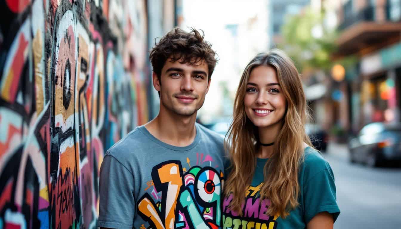 Two young adults standing at a graffiti-covered street corner.