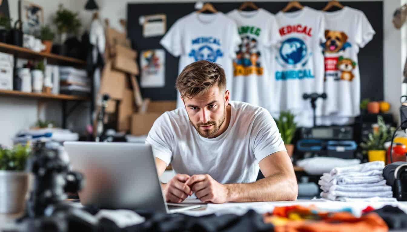 A man is seated at a desk surrounded by various t-shirt designs.