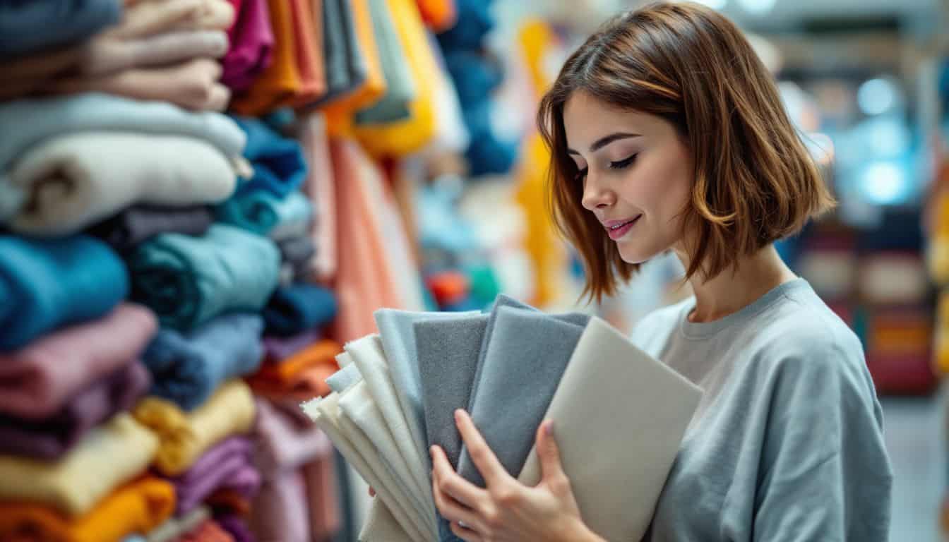 A person browsing fabric swatches in a textile store.