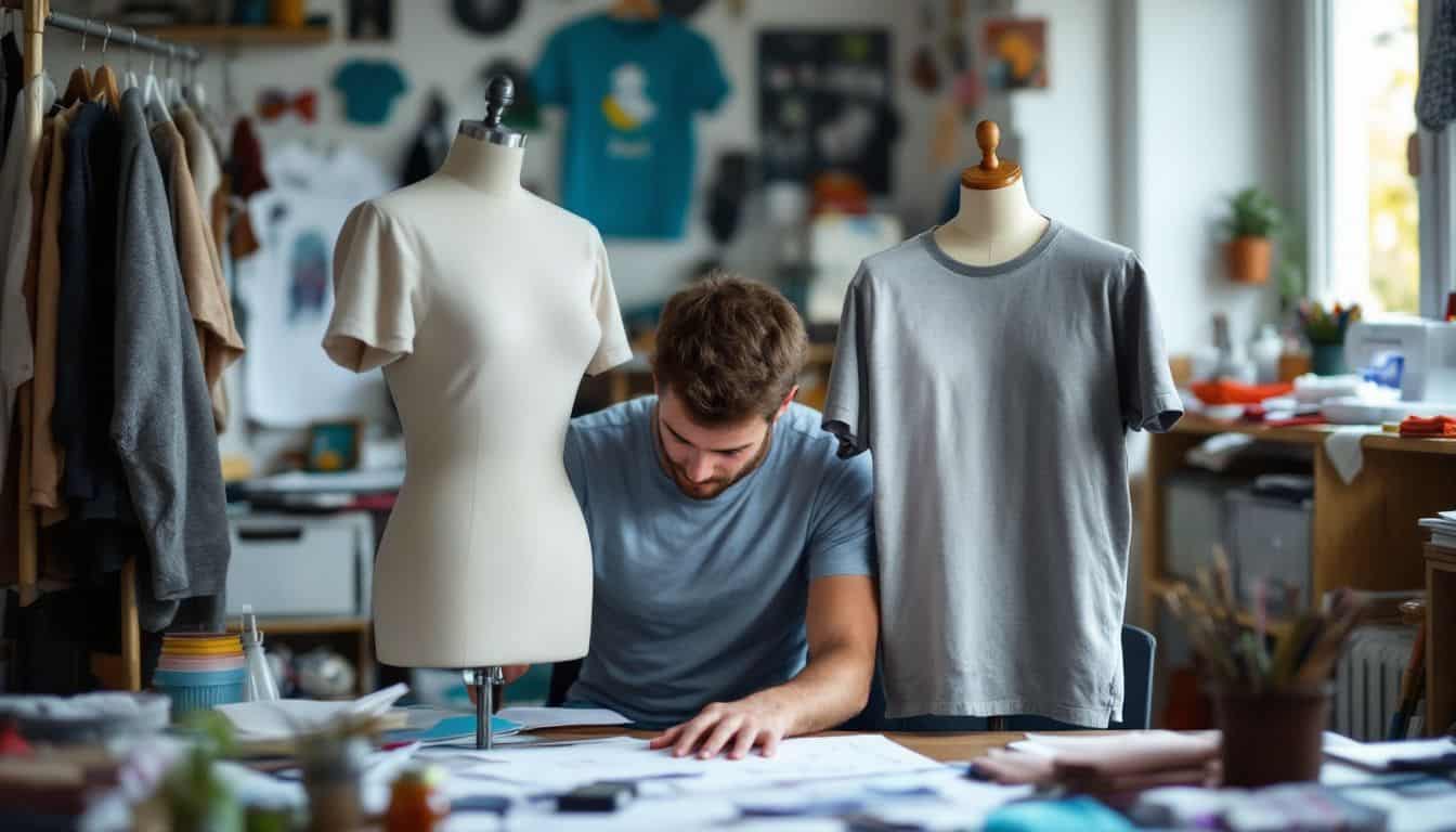 A man in his 30s working on t-shirt designs at his cluttered desk.