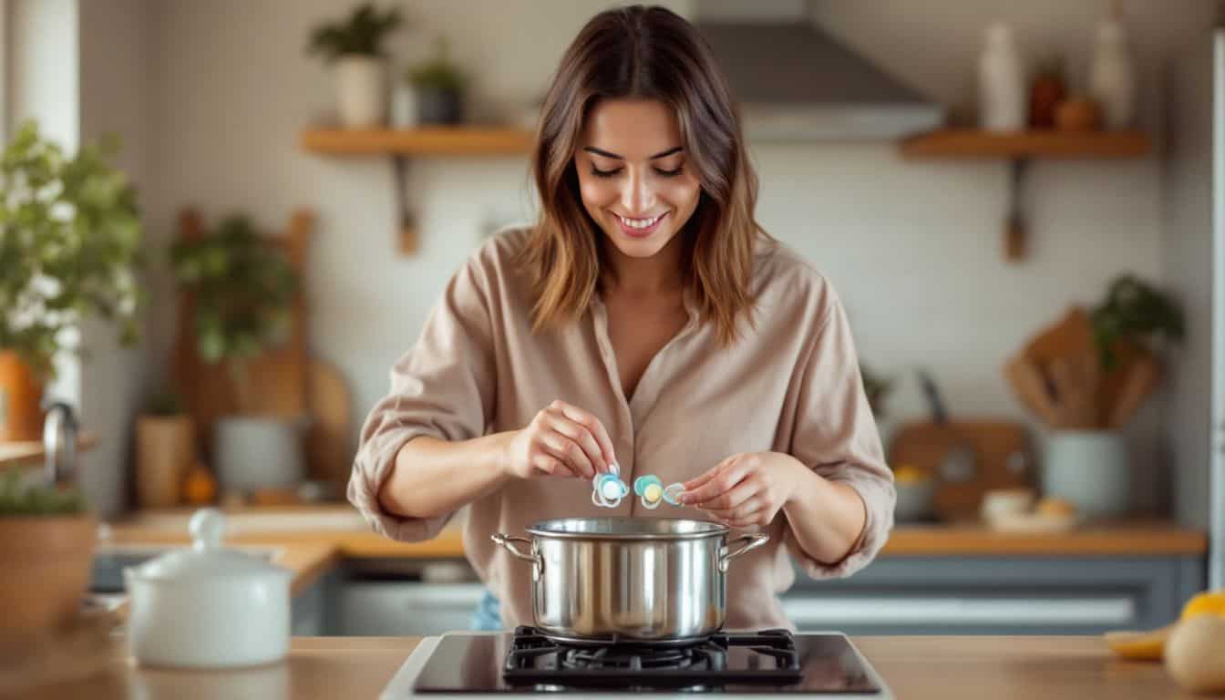 A mother sanitizing pacifiers on the stove in a cozy kitchen.